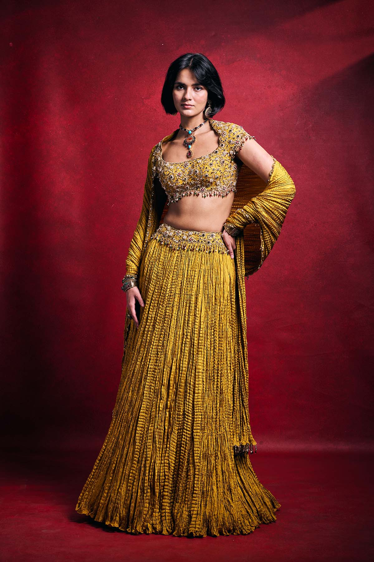 Mustard Crushed Lehenga Set