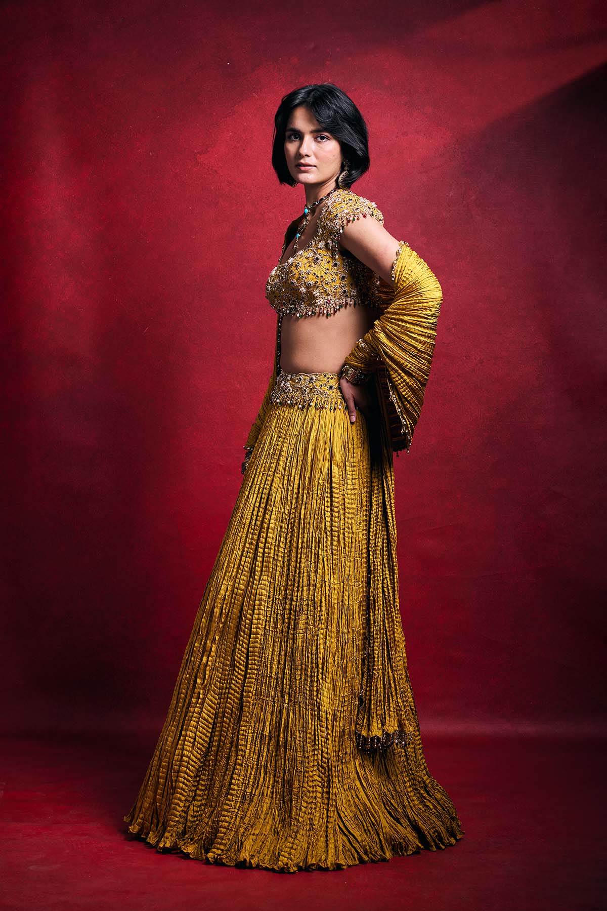 Mustard Crushed Lehenga Set