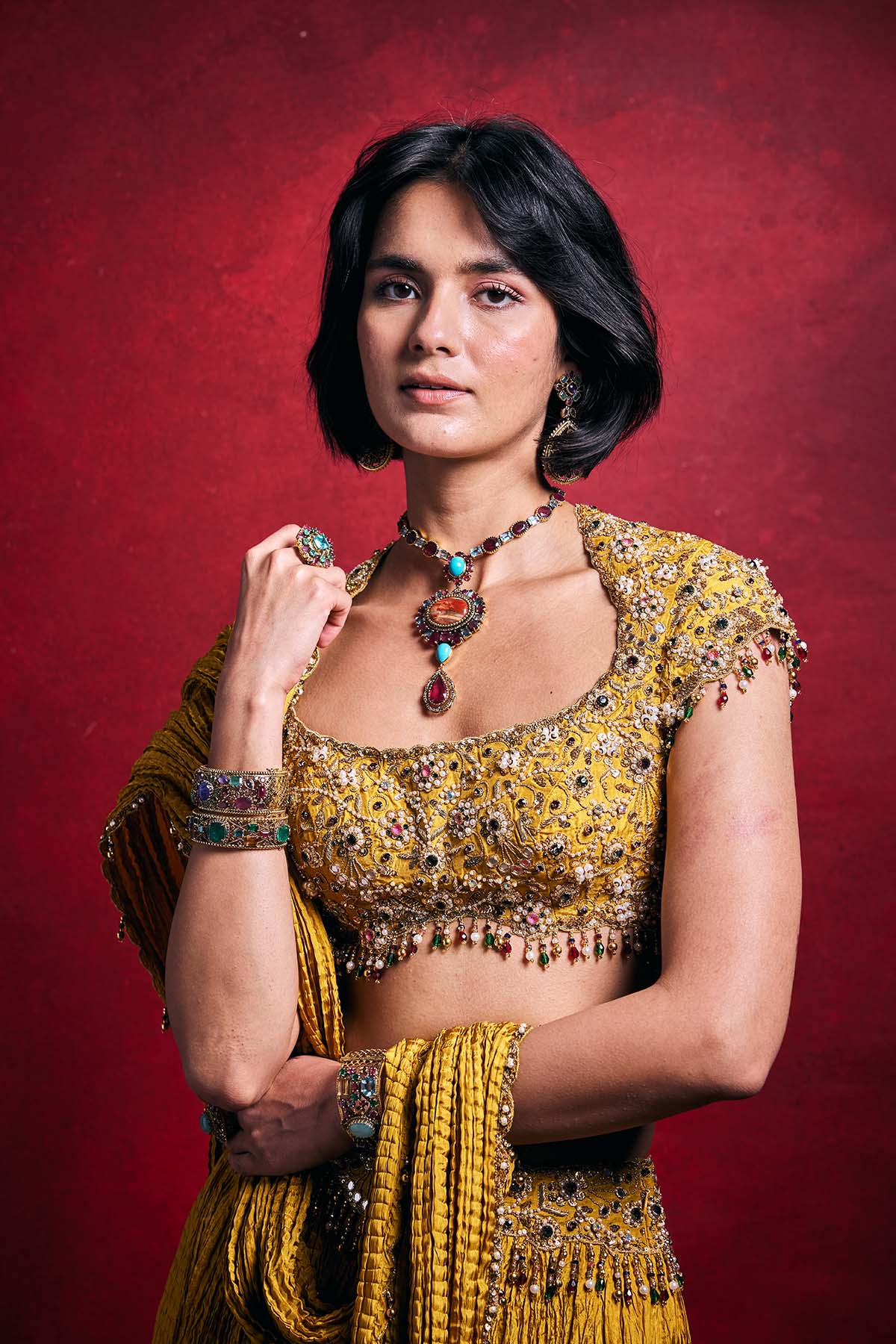 Mustard Crushed Lehenga Set