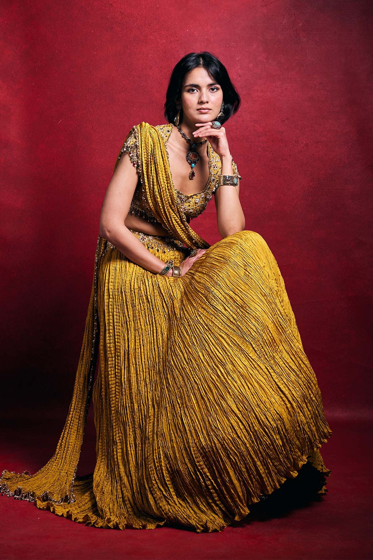 Mustard Crushed Lehenga Set