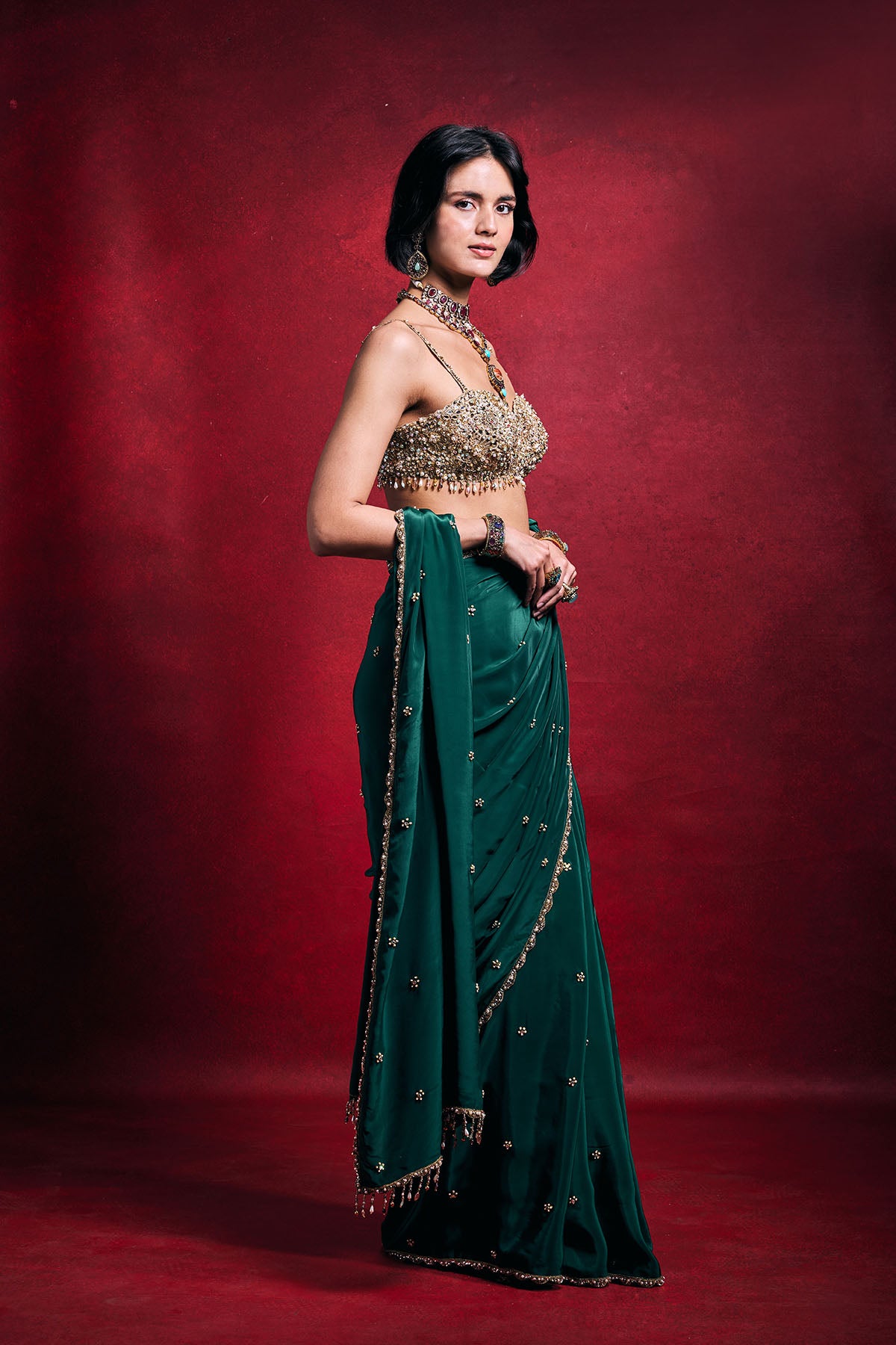Emerald Green Crepe Saree Set