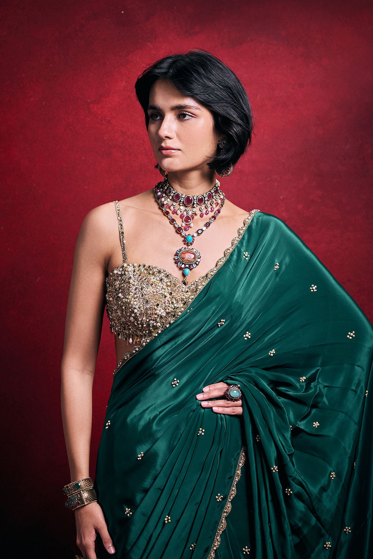 Emerald Green Crepe Saree Set