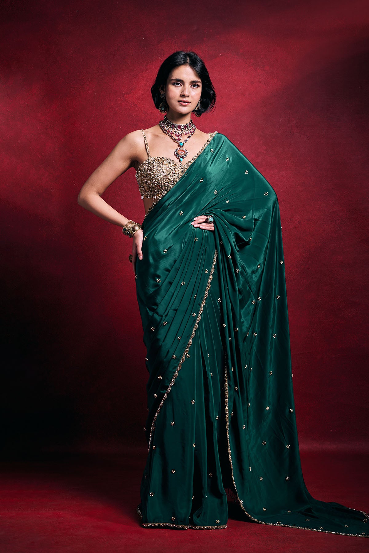 Emerald Green Crepe Saree Set