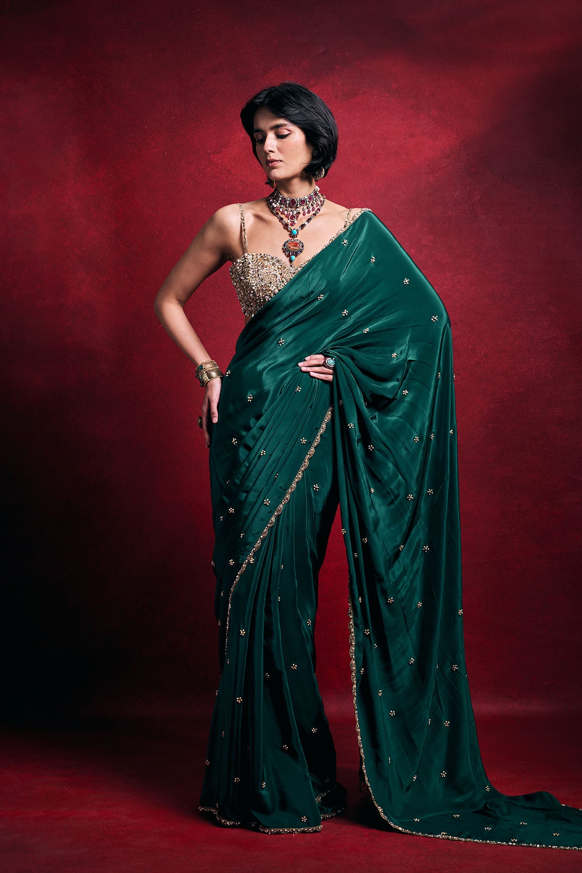 Emerald Green Crepe Saree Set