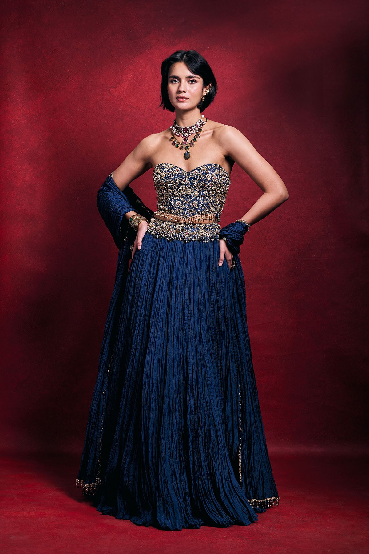 Royal Blue Crushed Lehenga Set