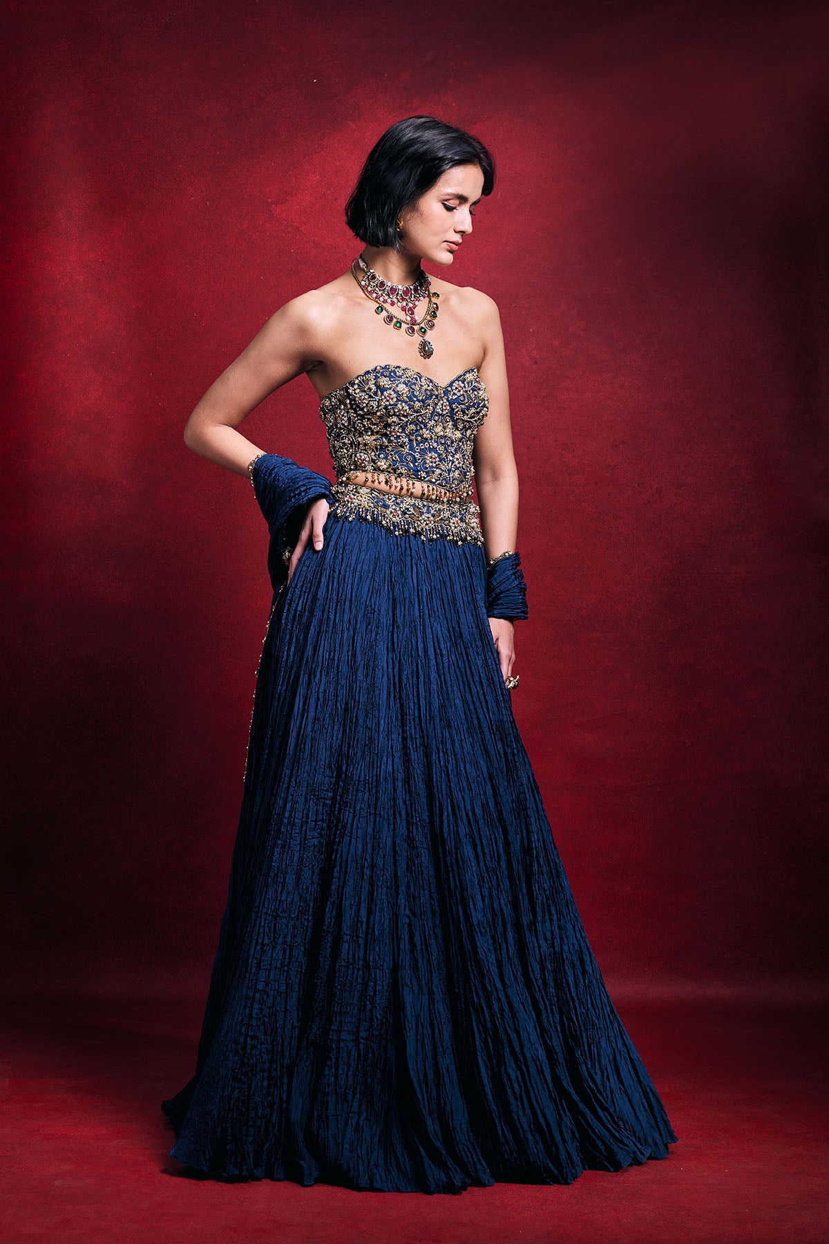 Royal Blue Crushed Lehenga Set