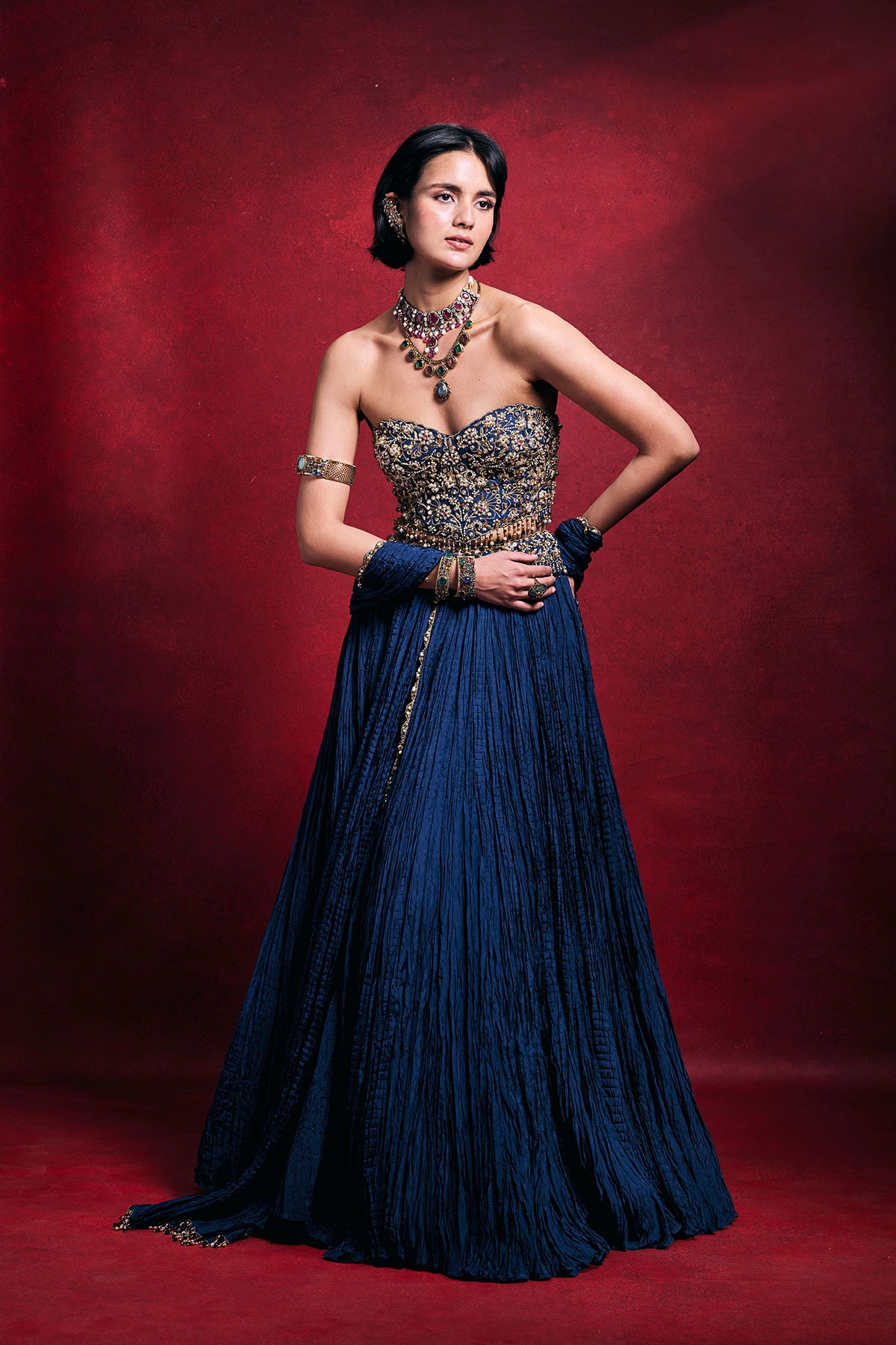 Royal Blue Crushed Lehenga Set