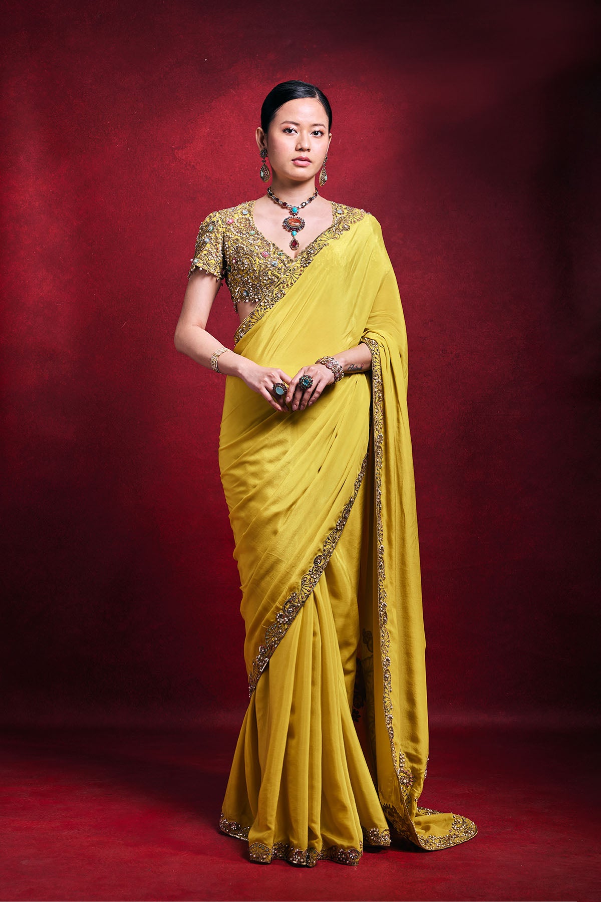 Yellow Crepe Saree Set