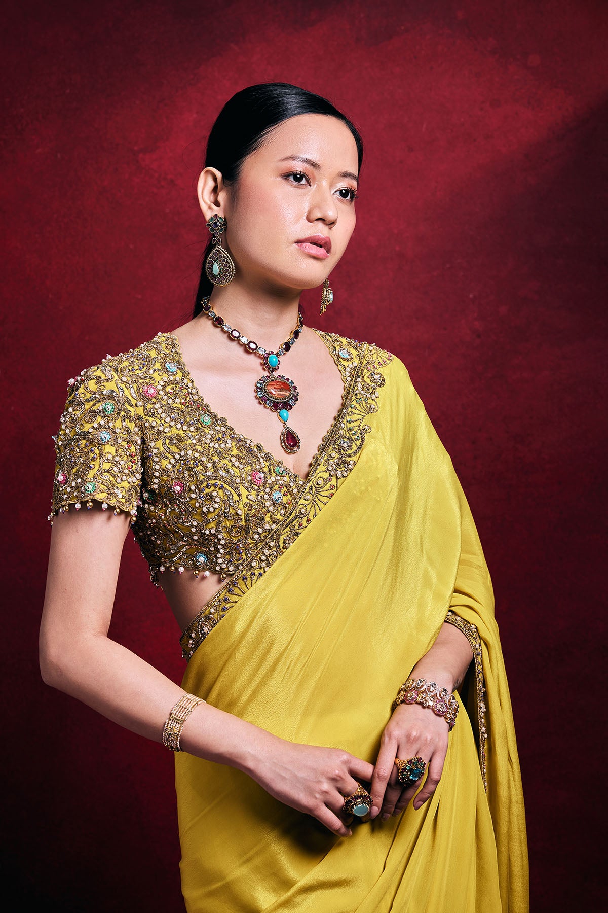 Yellow Crepe Saree Set