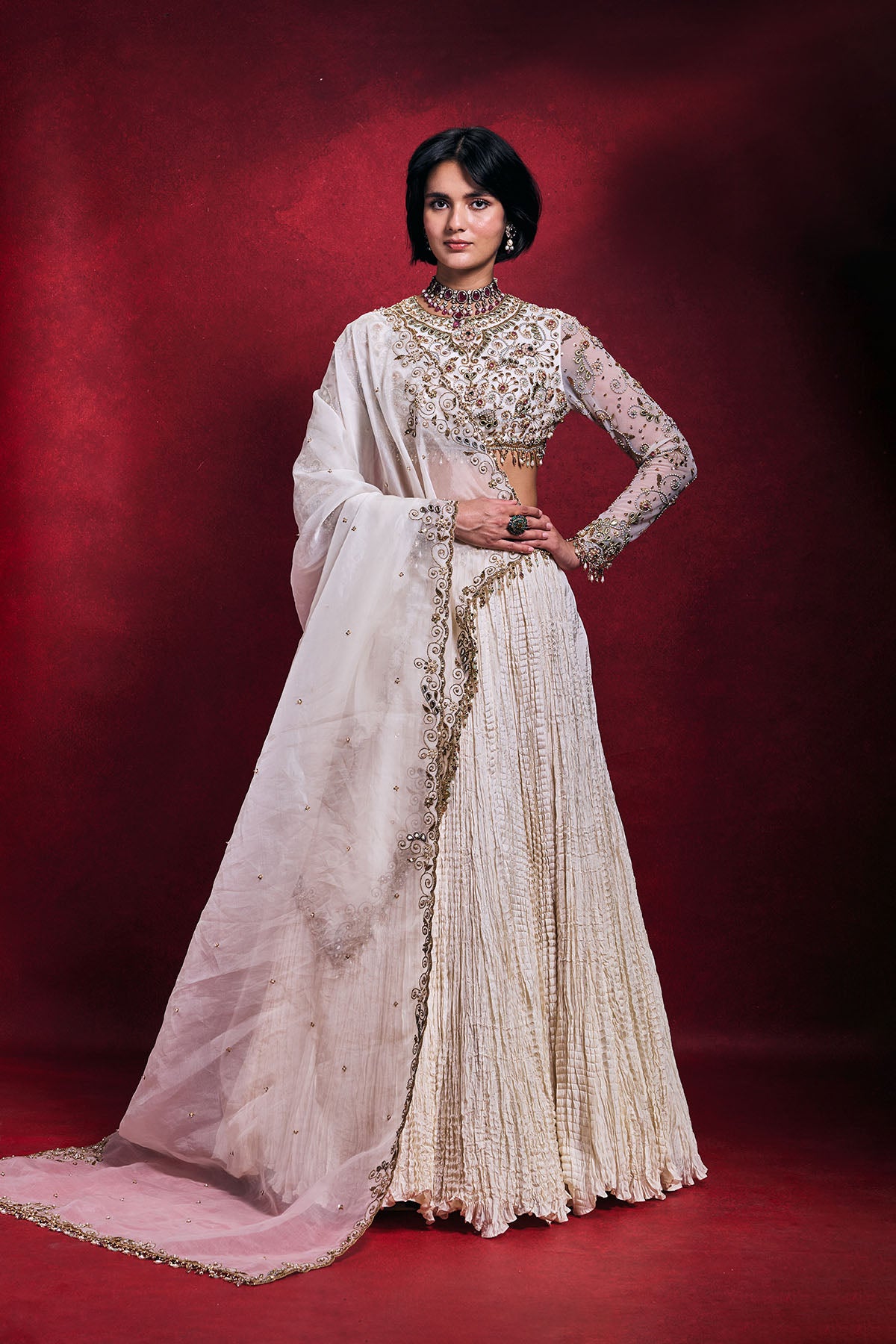Ivory Crushed Lehenga Set