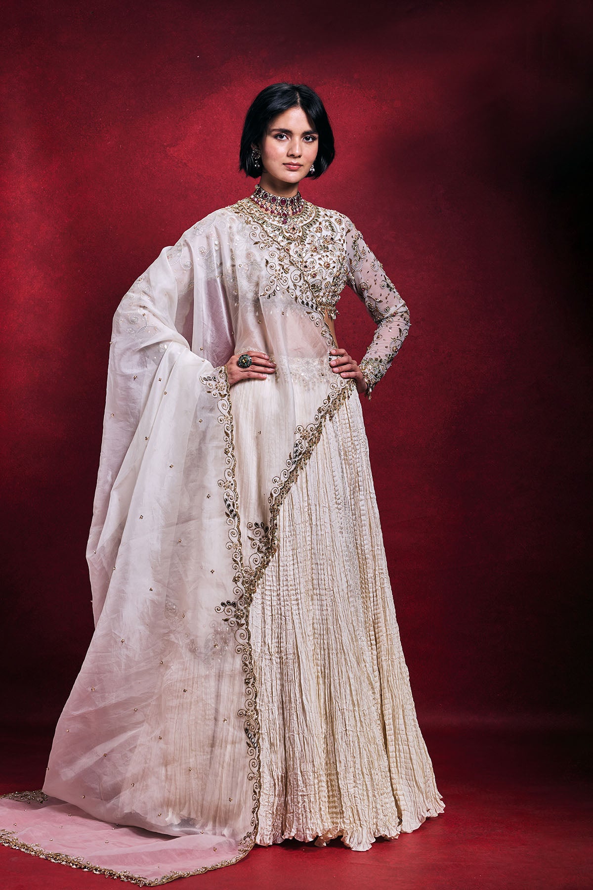 Ivory Crushed Lehenga Set
