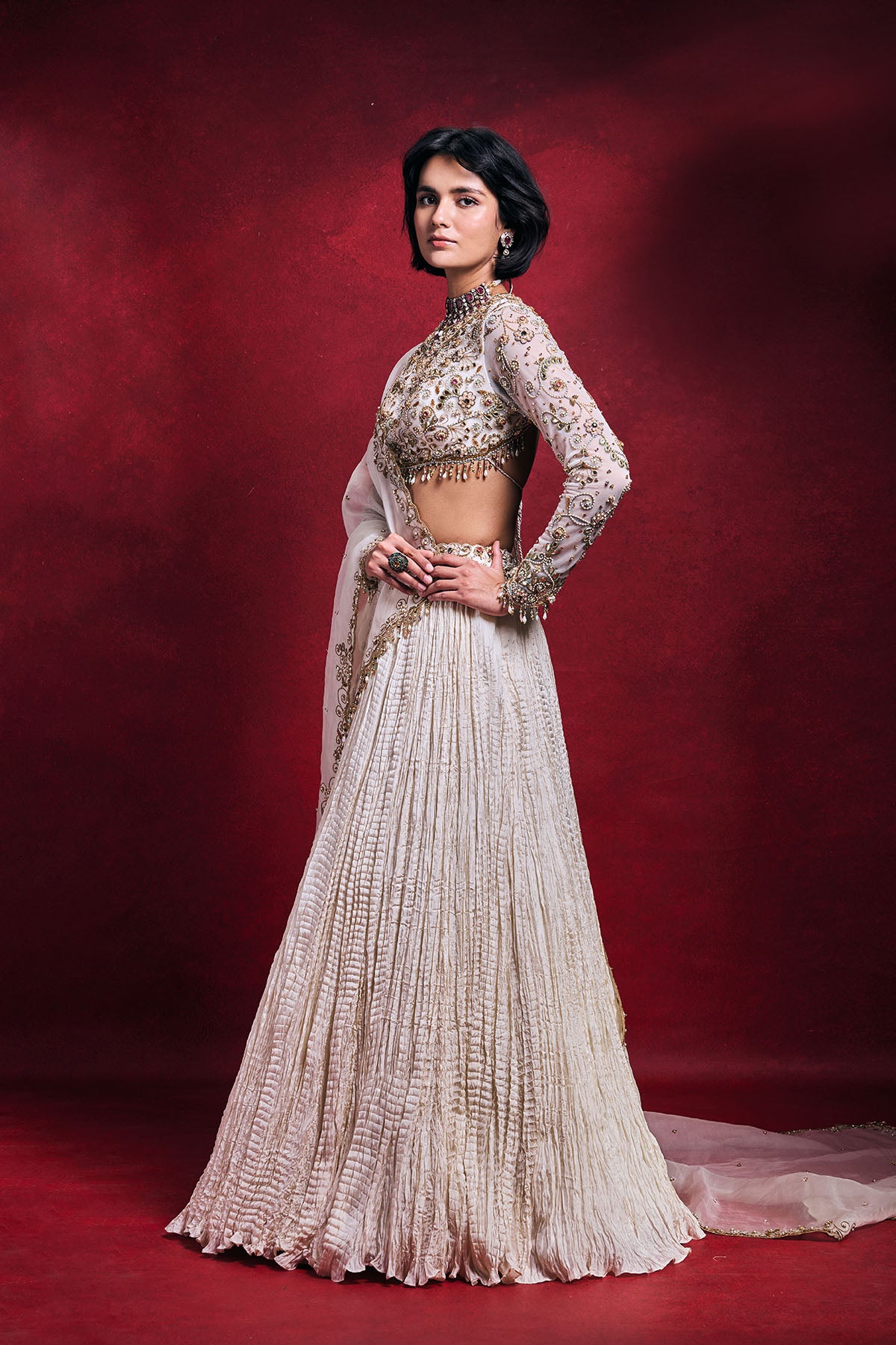 Ivory Crushed Lehenga Set