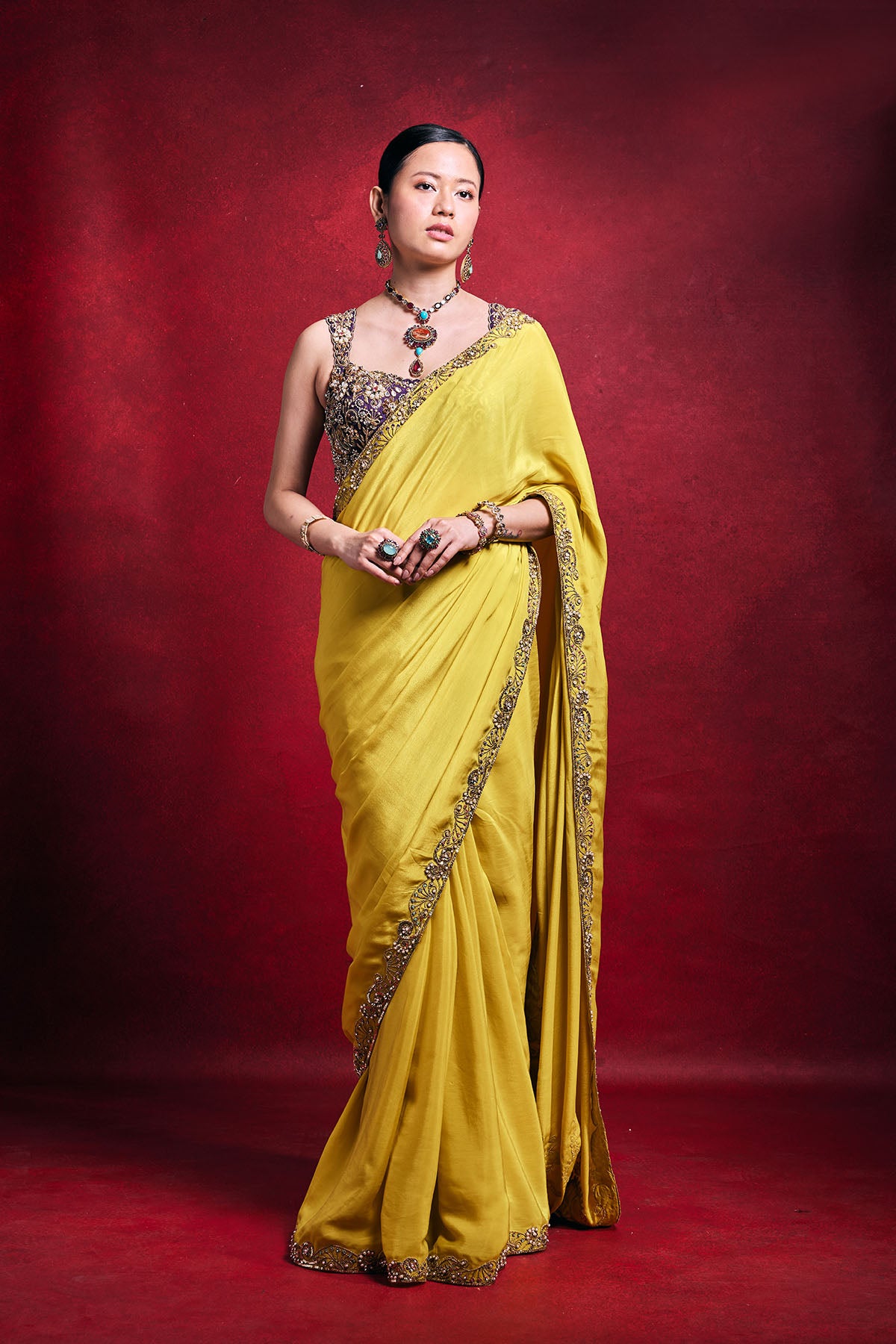Yellow Crepe Saree Set