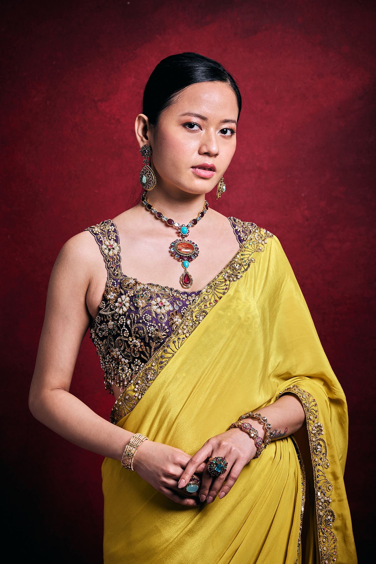 Yellow Crepe Saree Set