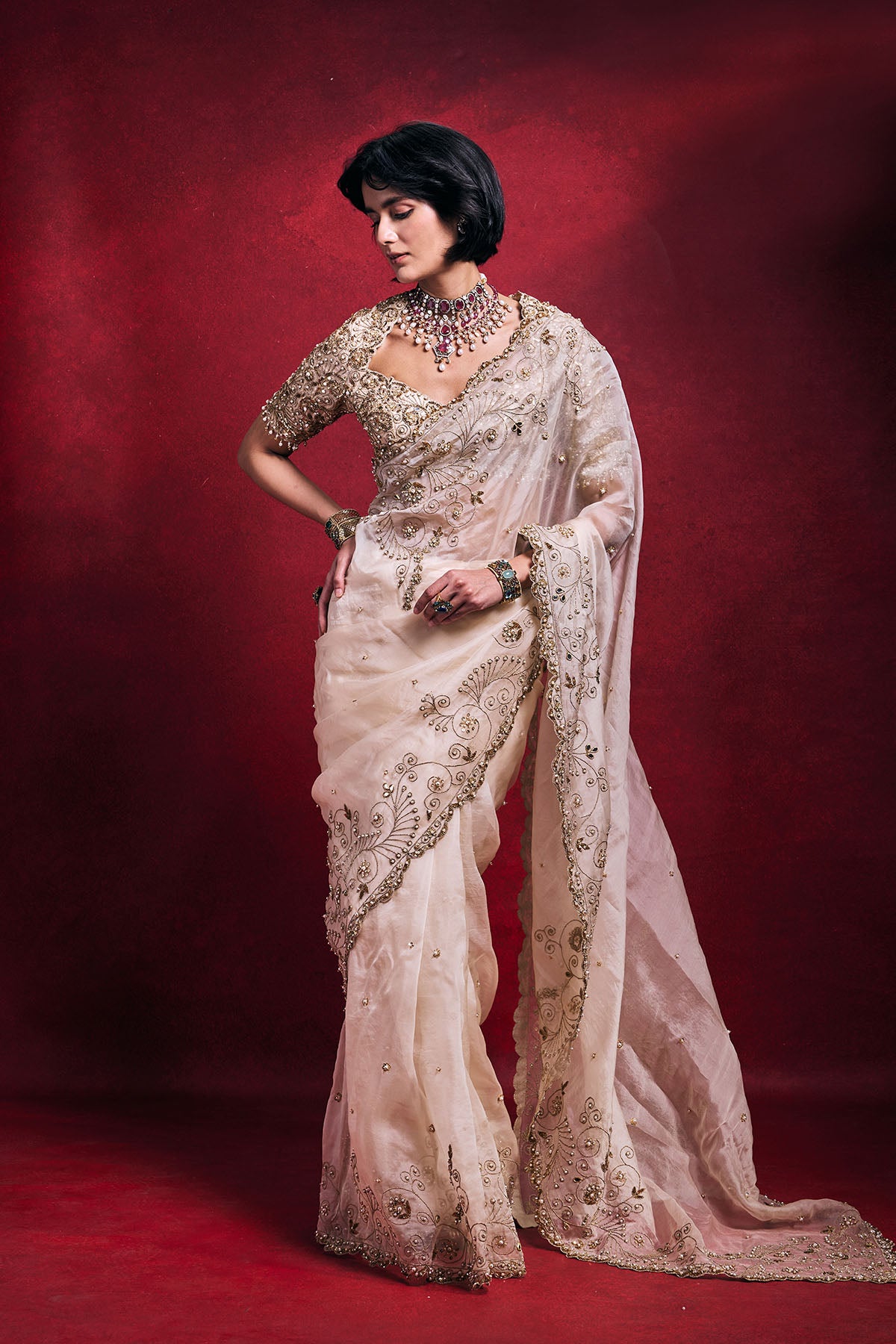 Cream Organza Saree Set