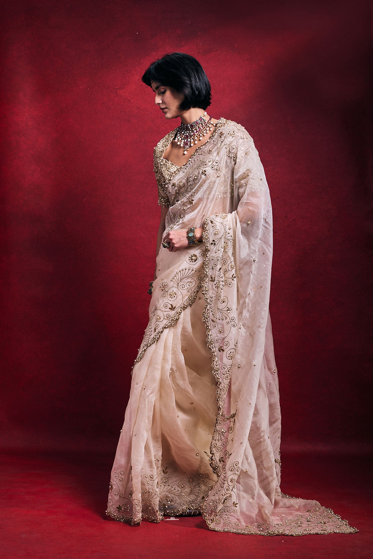 Cream Organza Saree Set