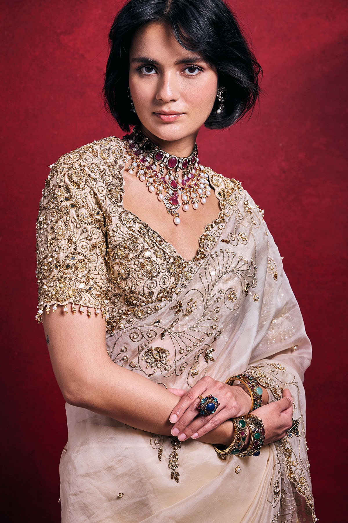 Cream Organza Saree Set