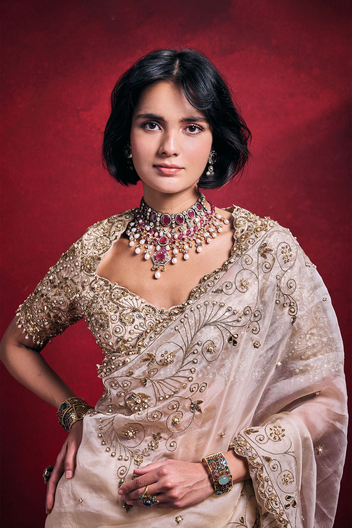 Cream Organza Saree Set