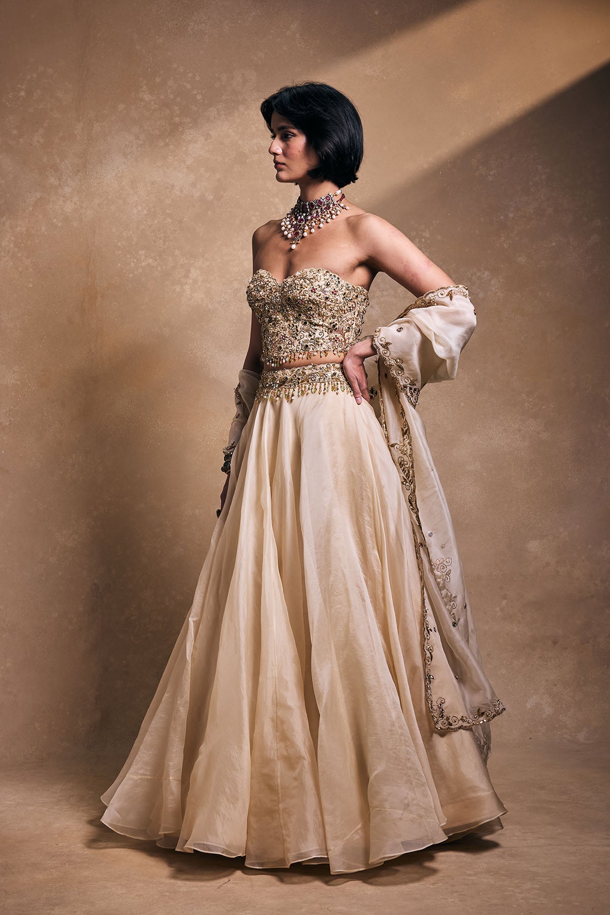 Cream Organza Lehenga Set