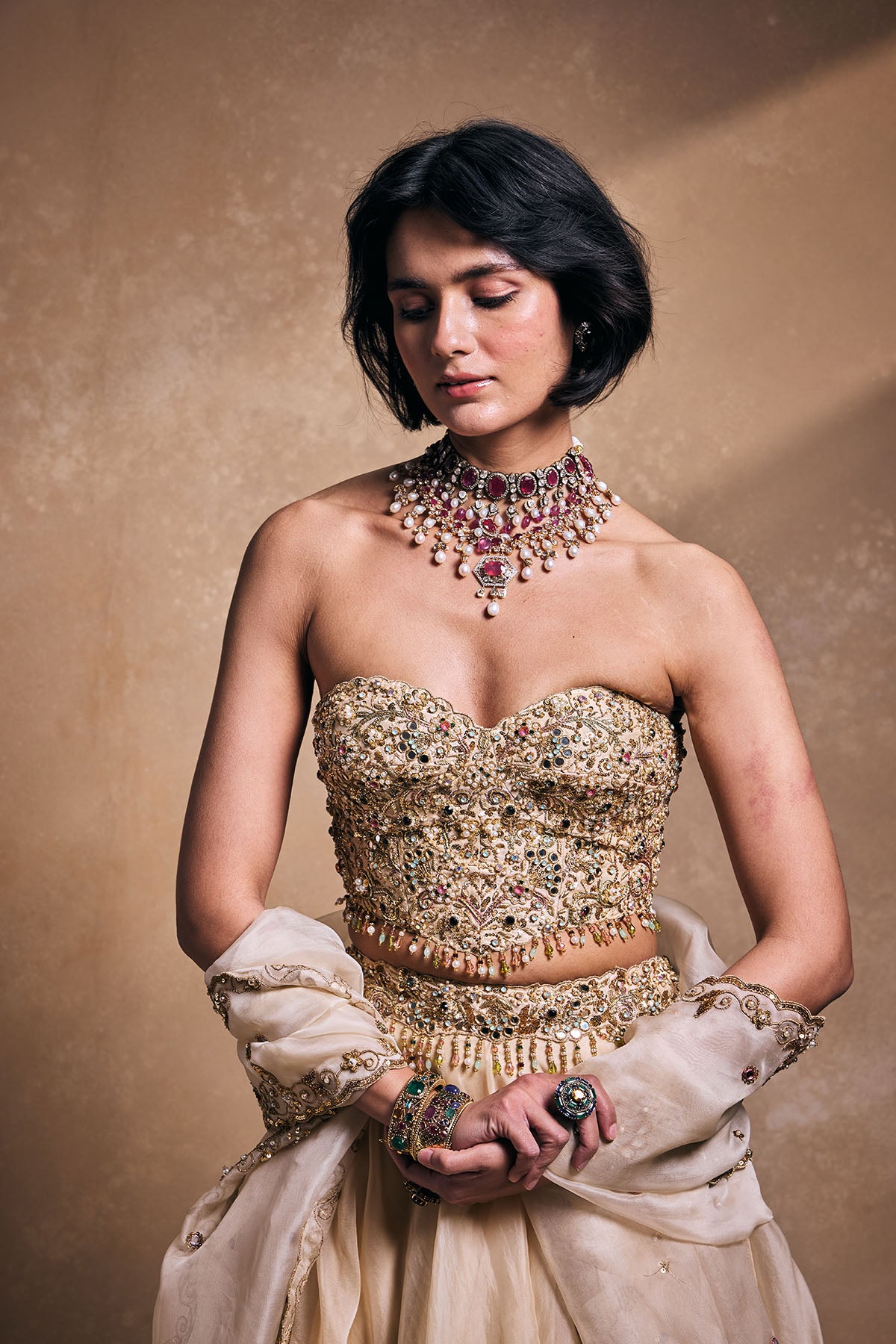 Cream Organza Lehenga Set