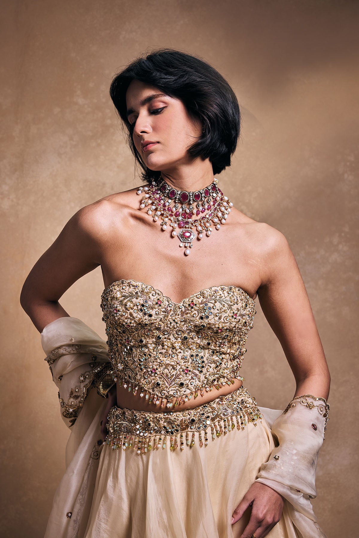 Cream Organza Lehenga Set