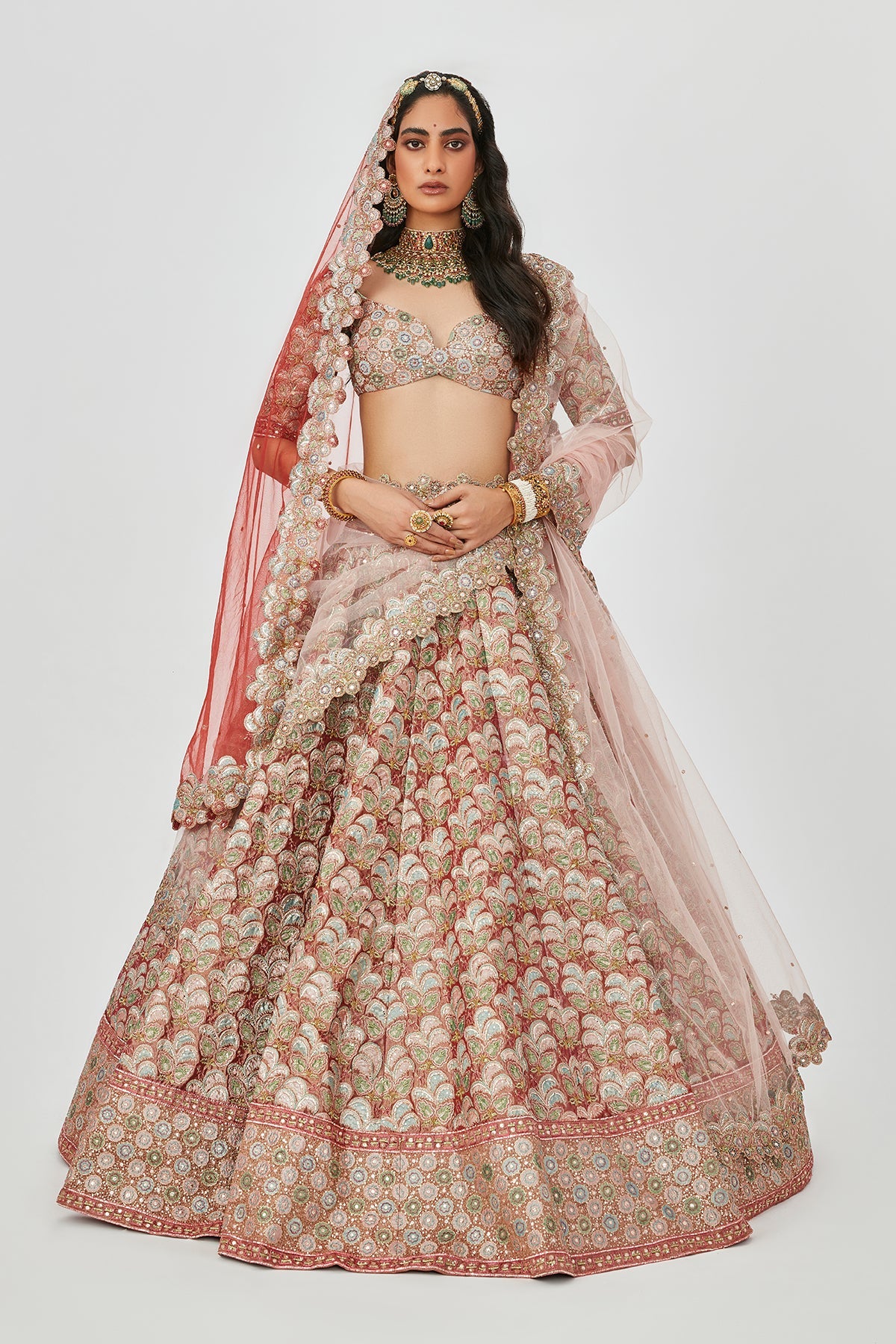 Tara - Rust Tissue Lehenga Set 16 panel