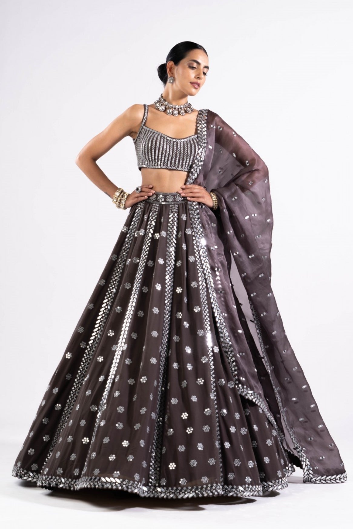 Charcoal Grey Flower Lehenga Set