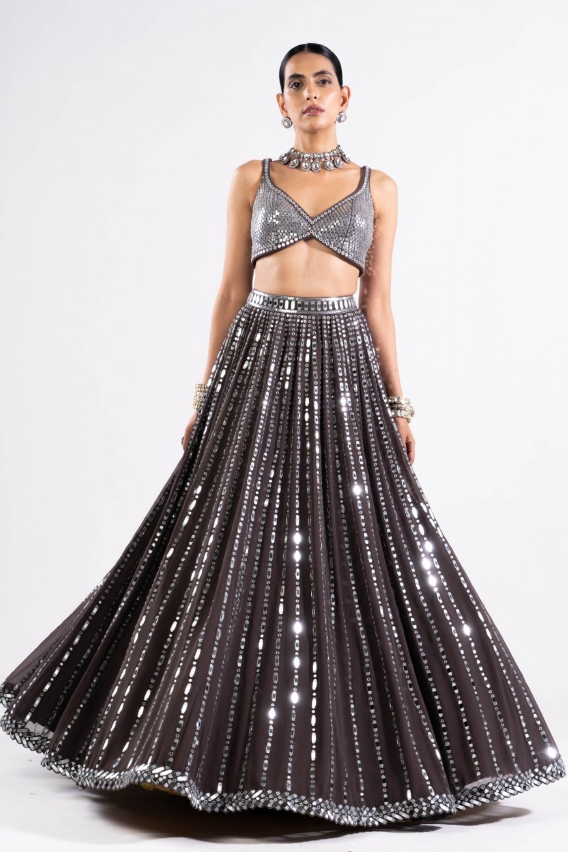 Charcoal Grey Linear Drop Lehenga With Metallic Blouse