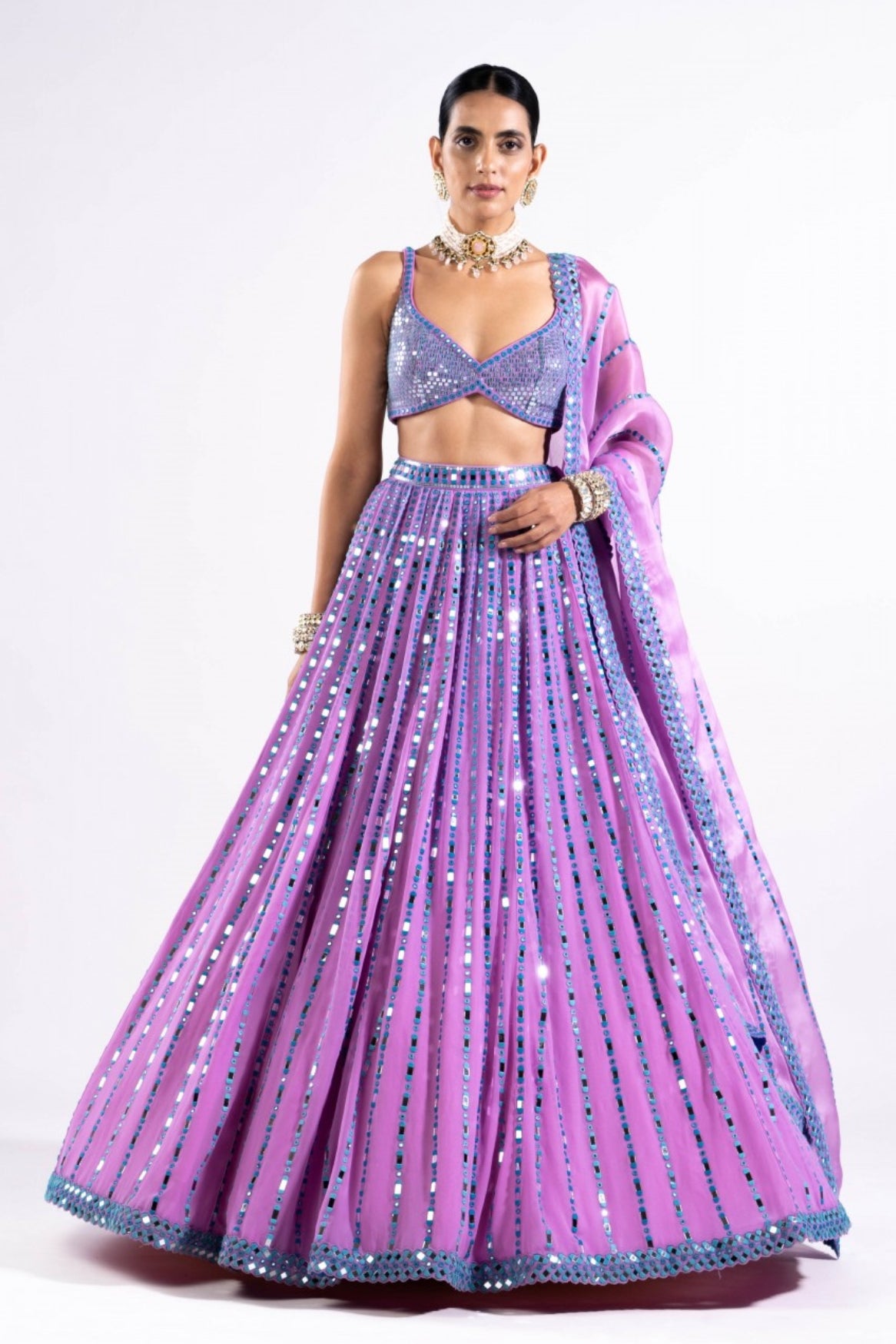 Mauve Linear Drop Lehenga With Metallic Blouse