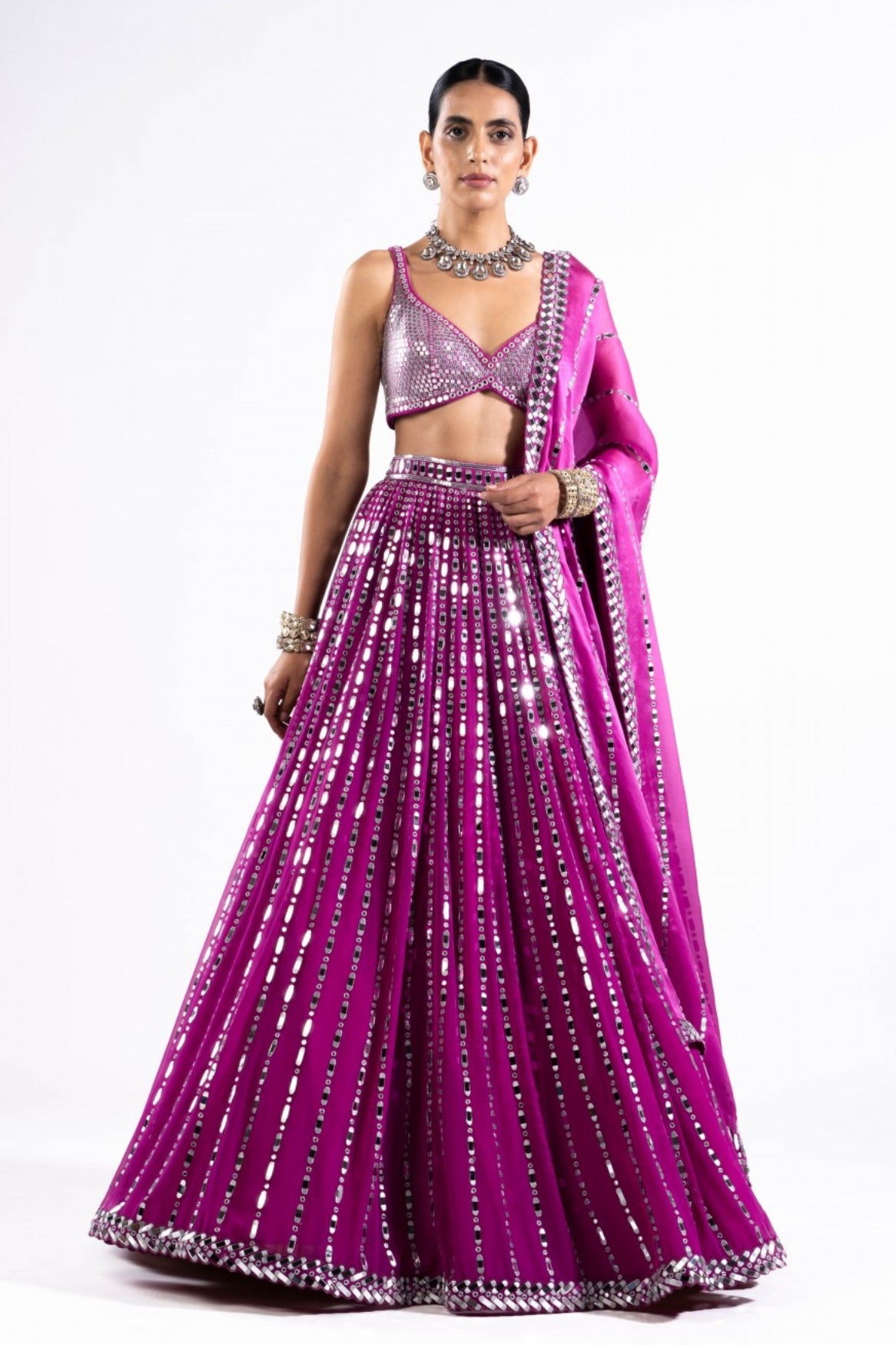 Pop Wine Linear Drop Lehenga With Metallic Blouse