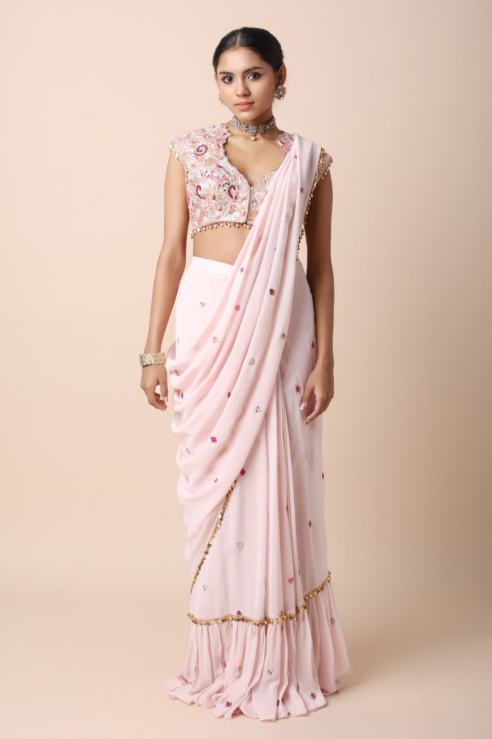 Light Pink Pre-Stitched Saree Set