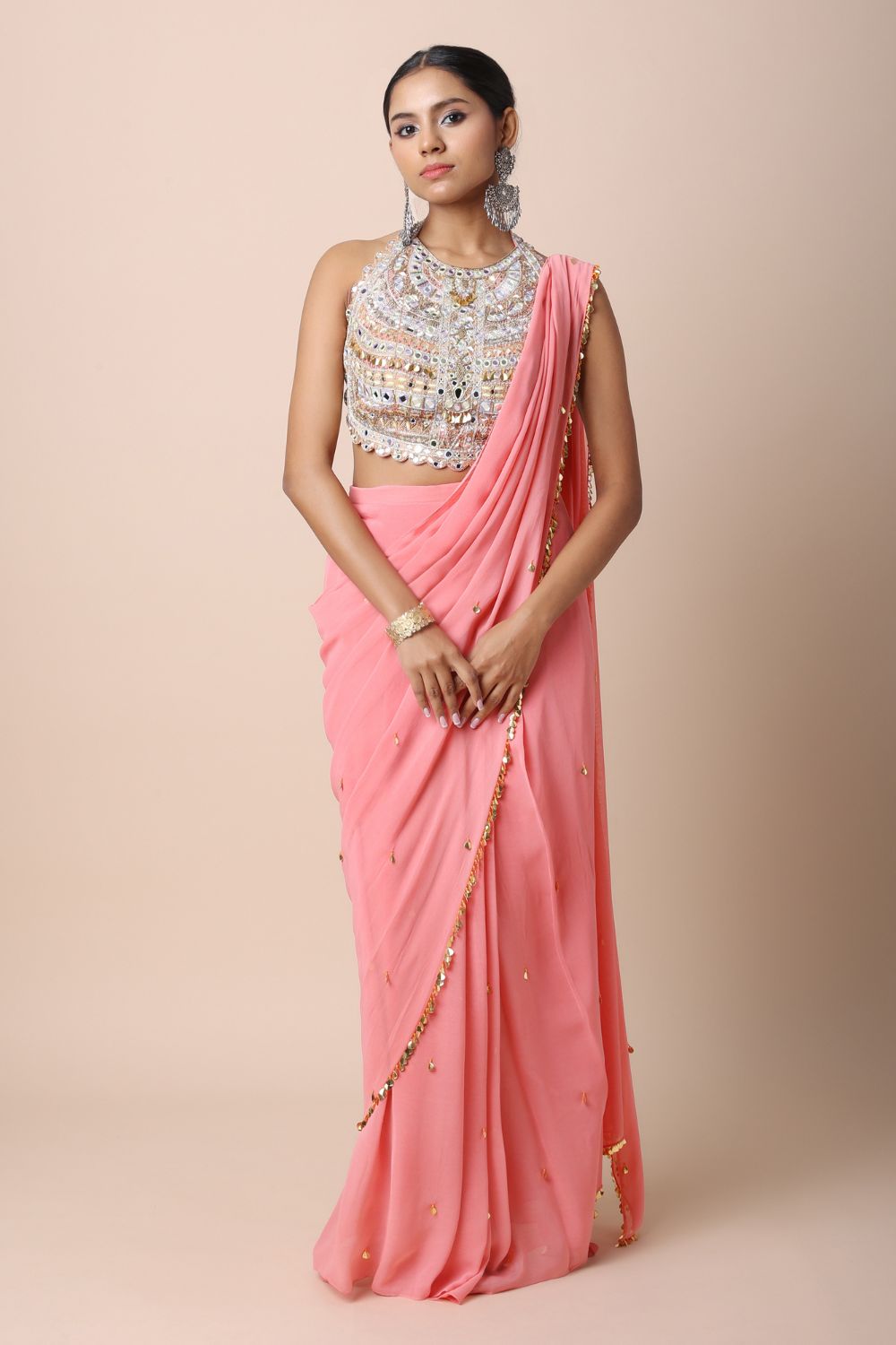 Neon Pink Pre-Stitched Saree Set