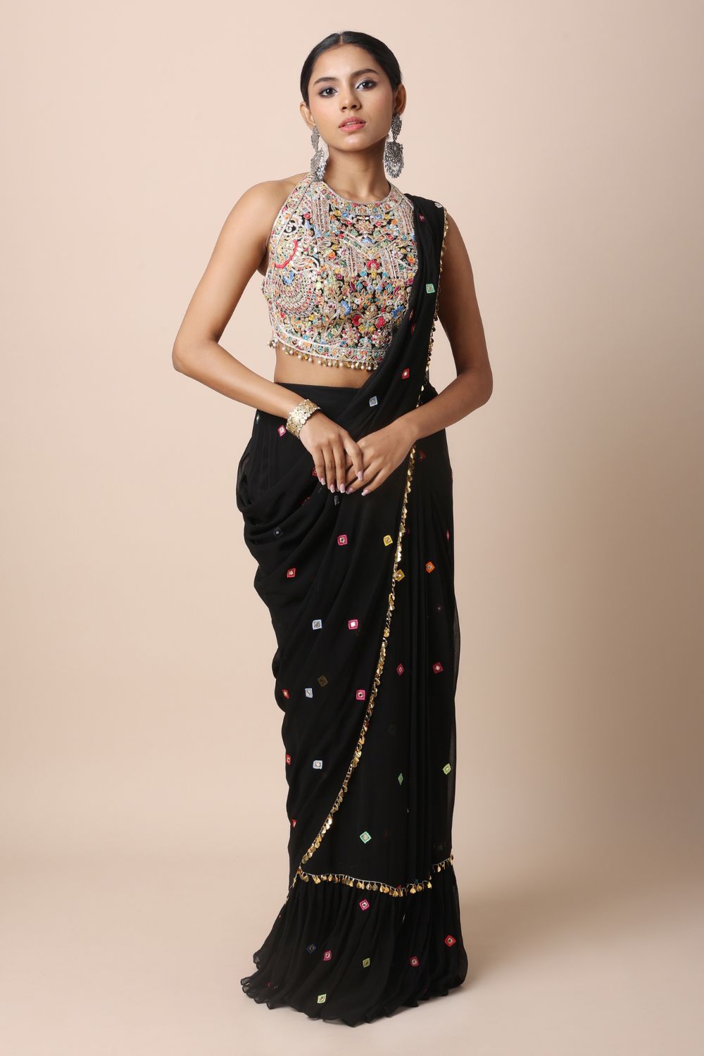 Black Pre-Stitched Saree Set