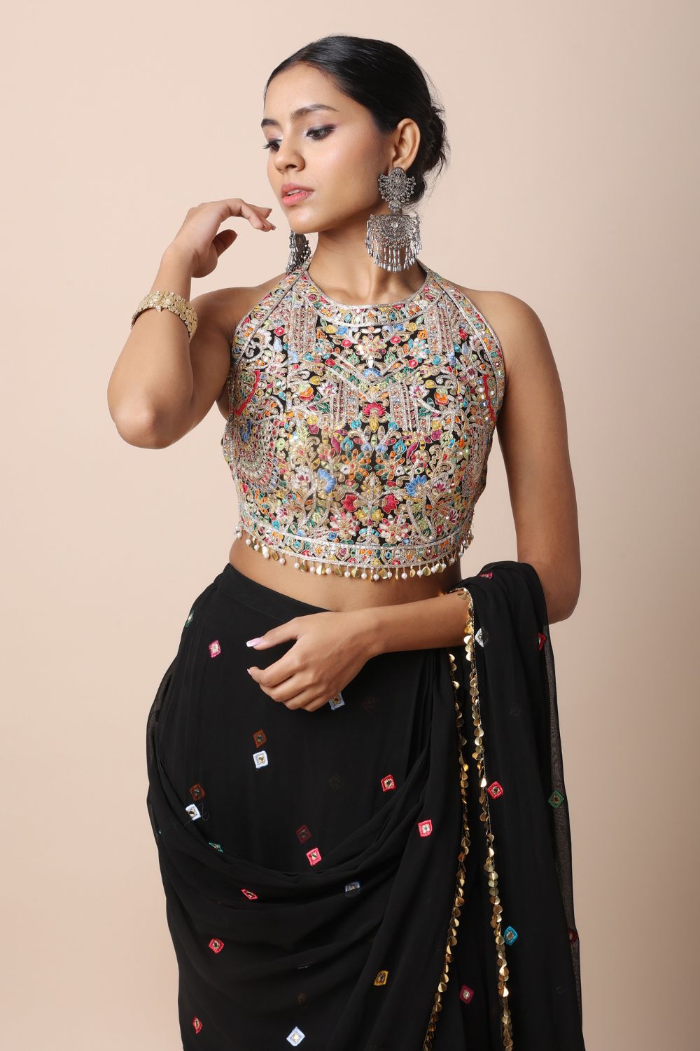 Black Pre-Stitched Saree Set