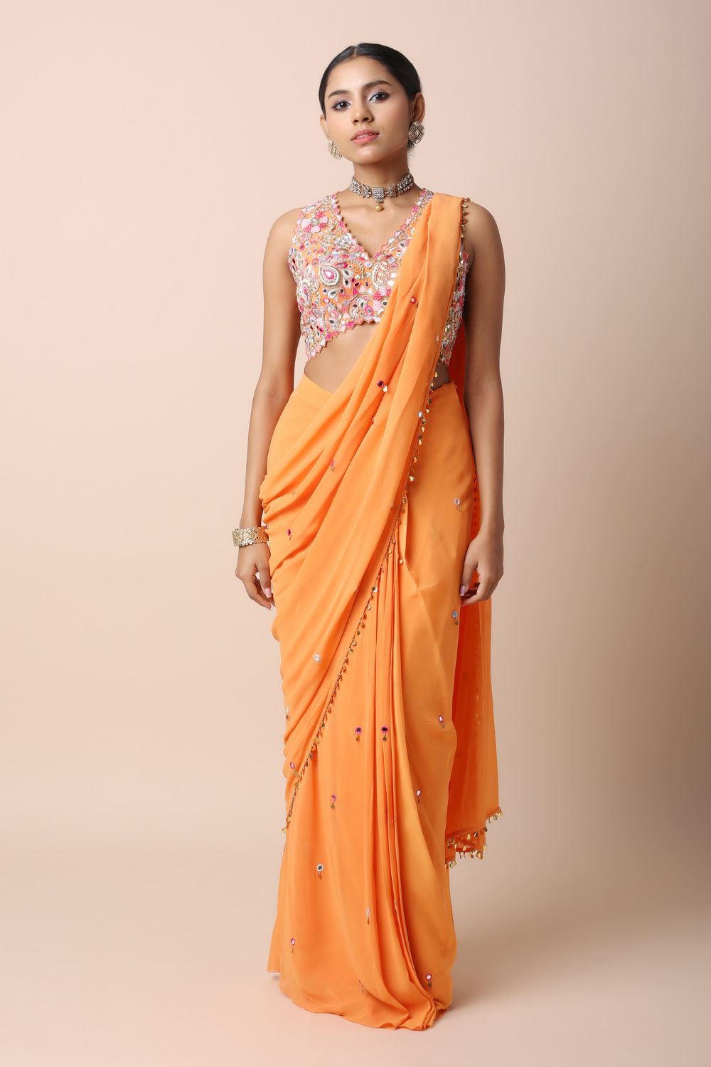 Tangerine Pre-Stitched Saree Set