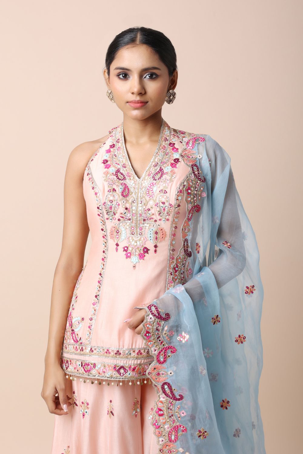 Peach Halter Sharara Set