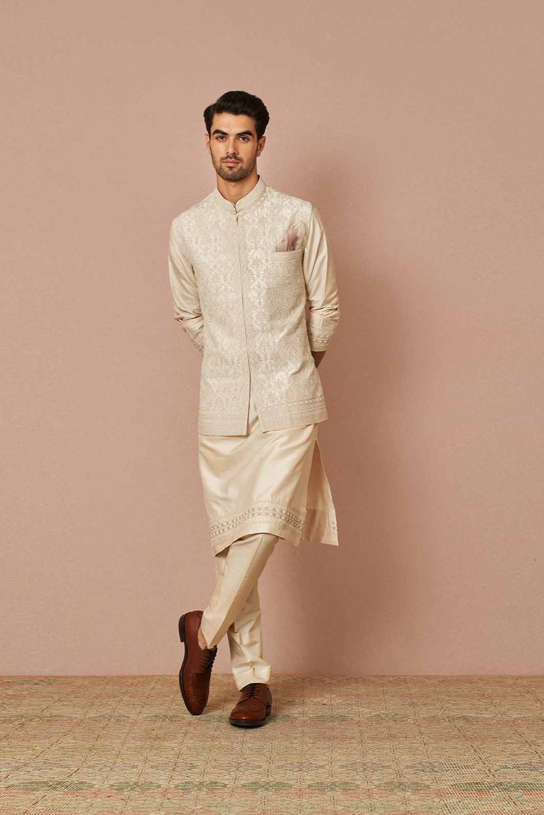 IVORY RAWSILK ARMAAN EMBROIDERED BANDI SET