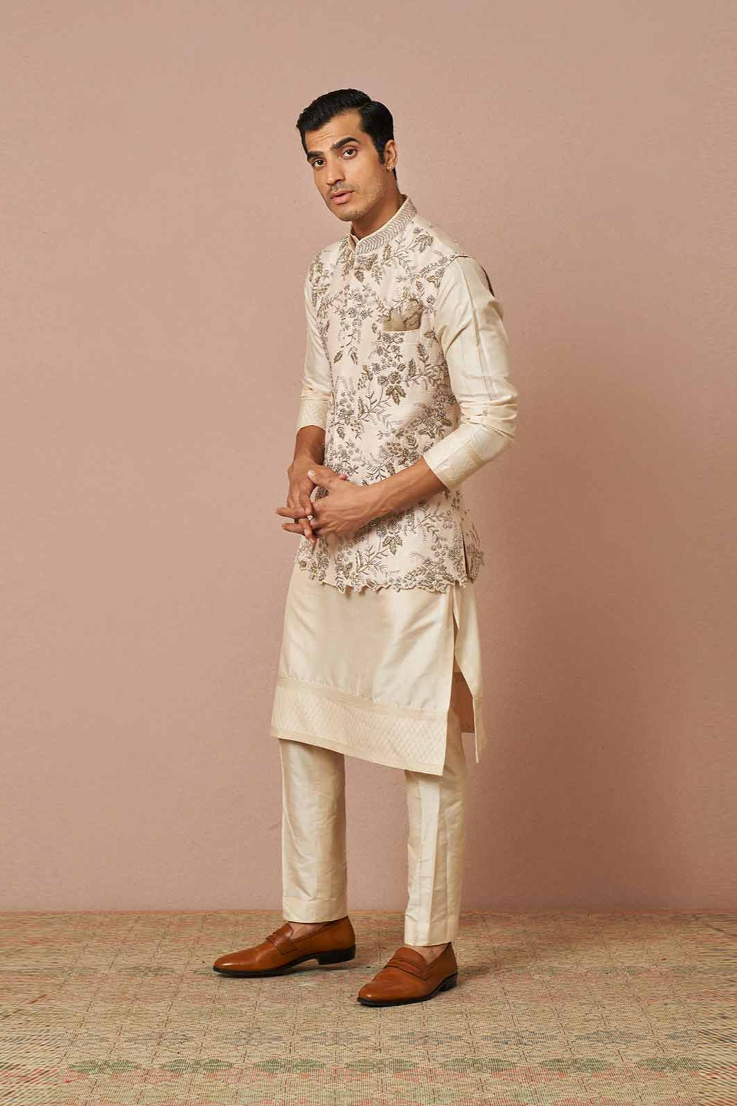 IVORY RASWILK EMBROIDERED BANDI KURTA SET
