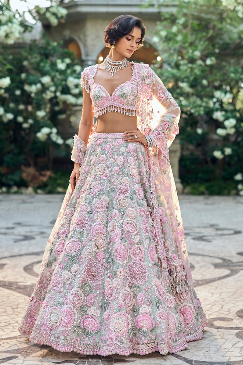 Mint Green Multi-Coloured Floral Lehenga Set