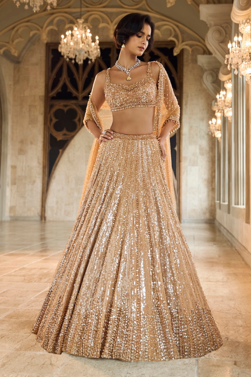 Copper Gold Crystal Lehenga Set - 0 / Short Copper Gold Crystal Lehenga Set - 0 / Short
