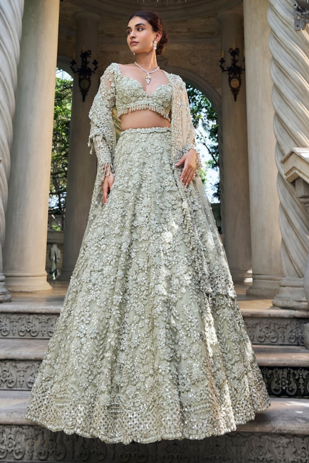 Sage Green Three-Dimensional Lehenga Set Sage Green Three-Dimensional Lehenga Set