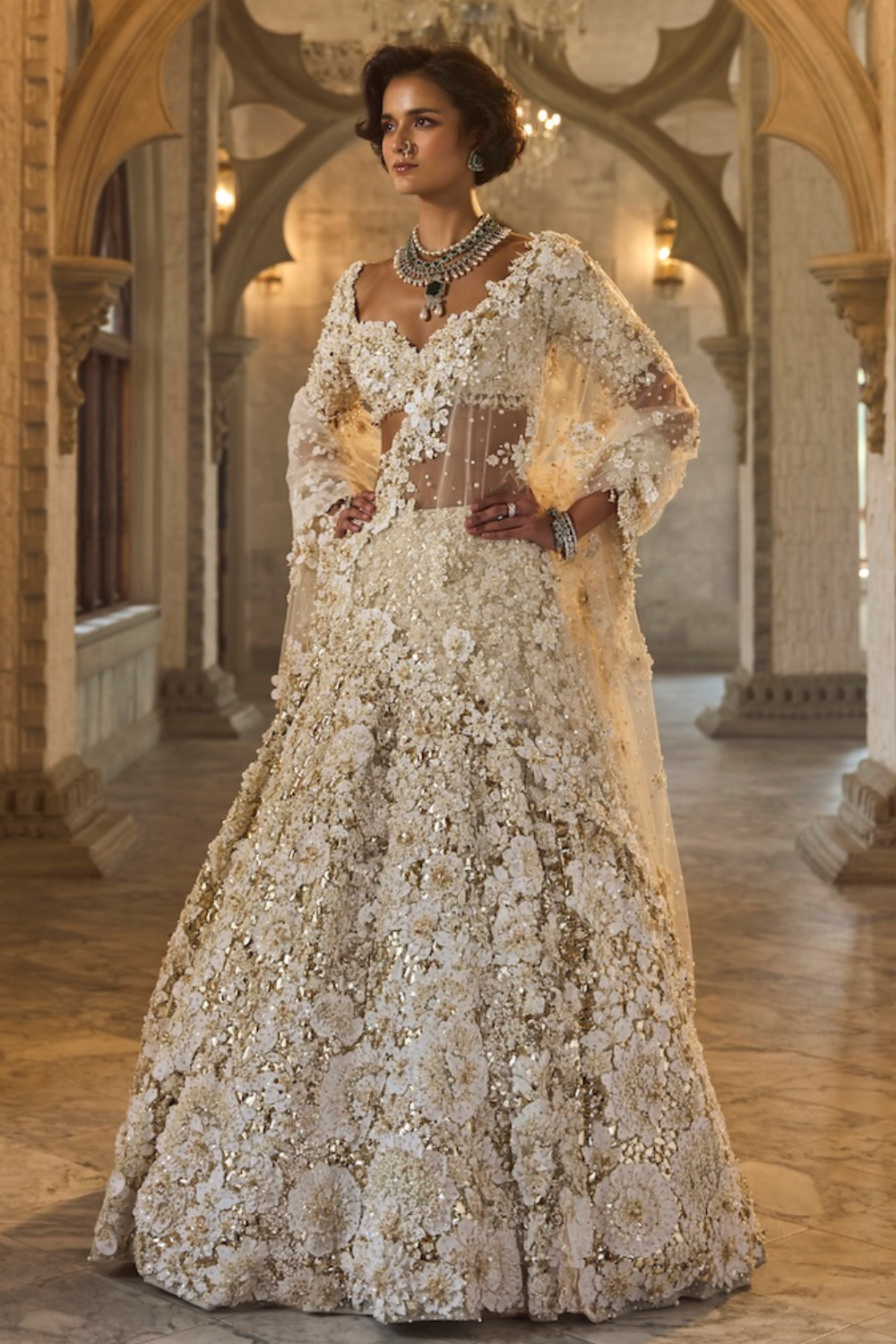 slim fit dress slacks Ivory Gold Three-Dimensional Lehenga Set