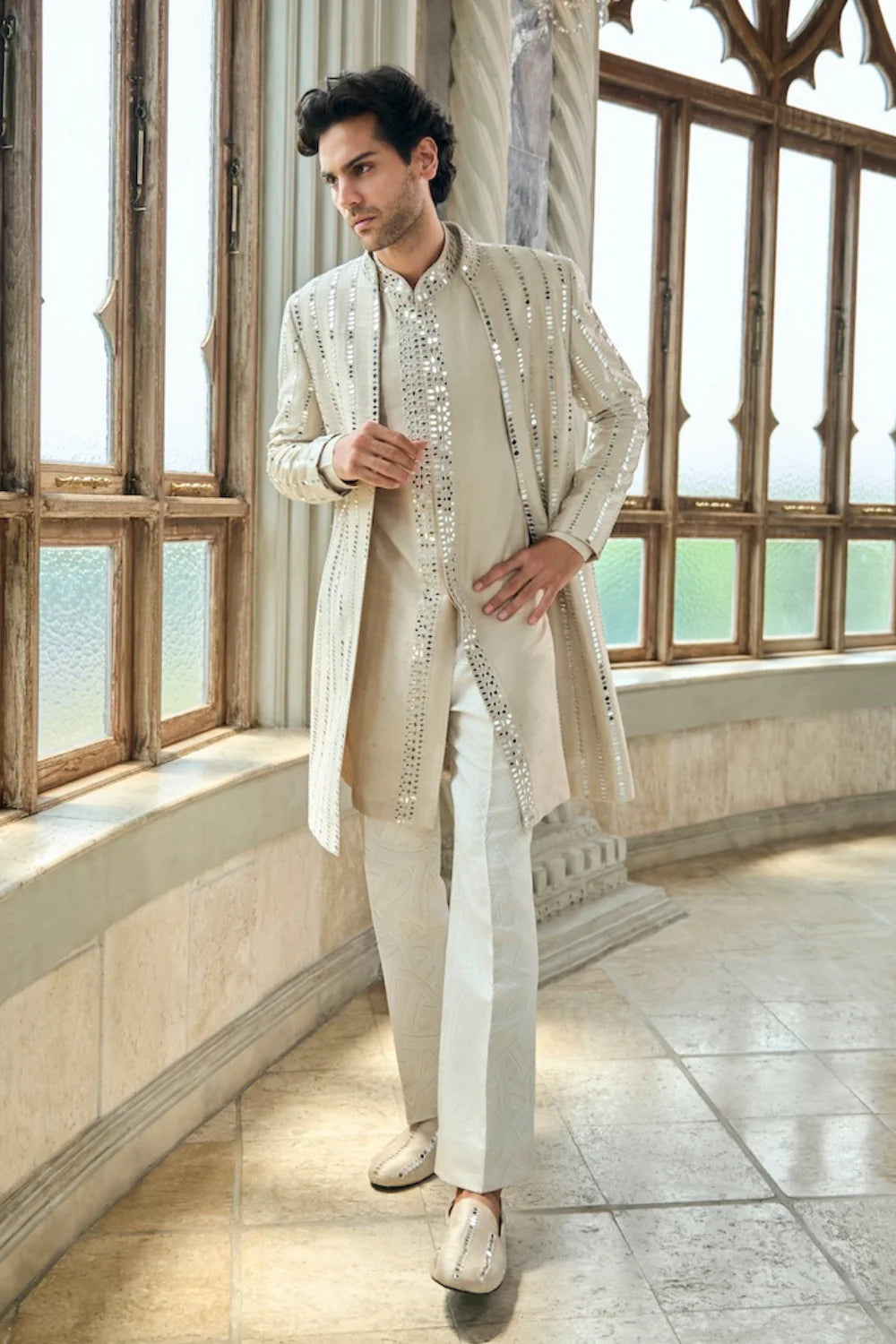 Beige Mirror Work Sherwani Set