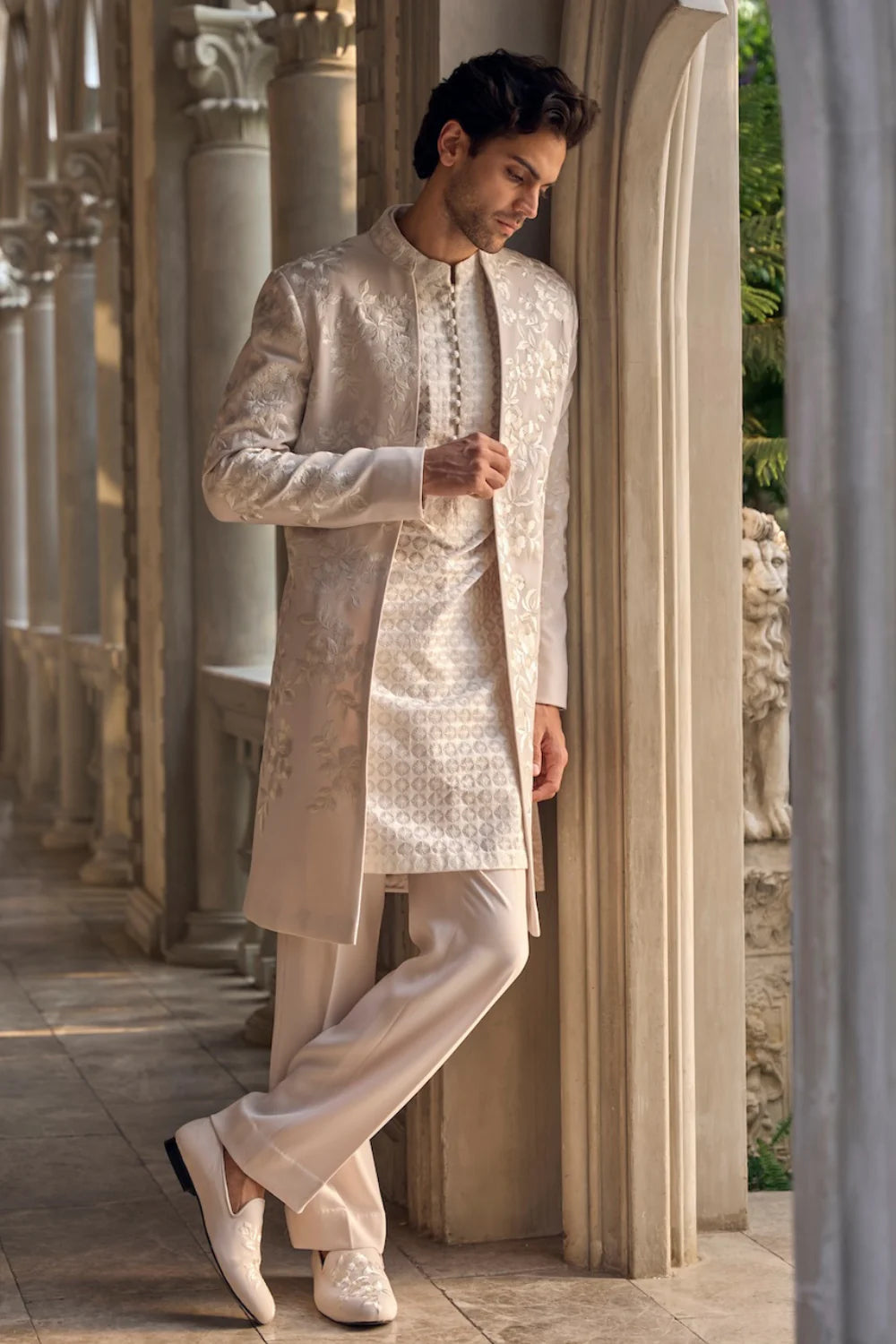 Light Beige Open Sherwani Set