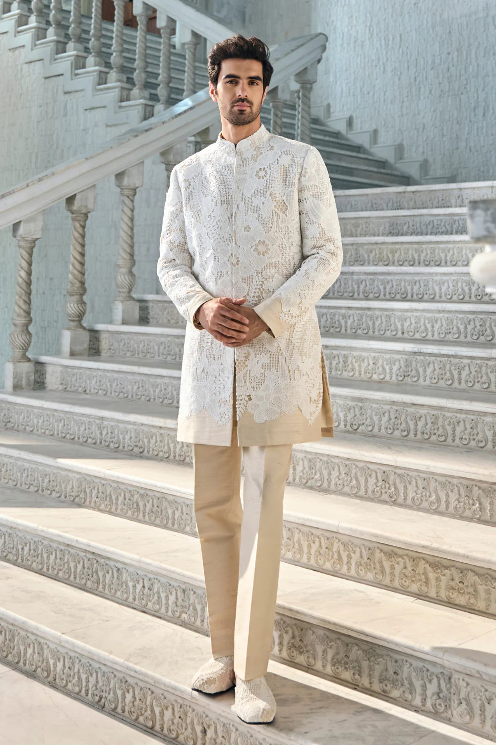 Nude Cut Work Sherwani Set