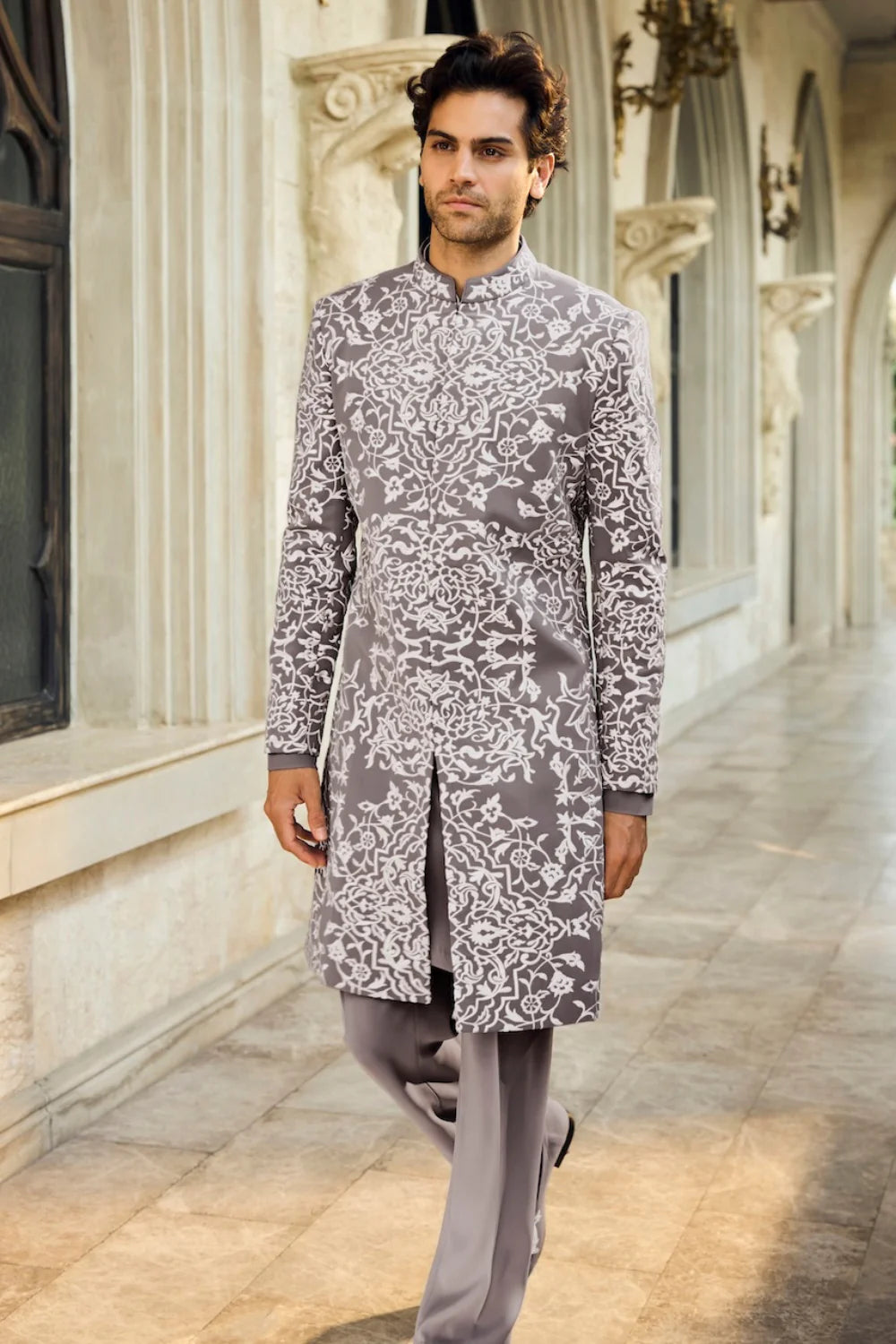 Grey Abstract Sherwani Set