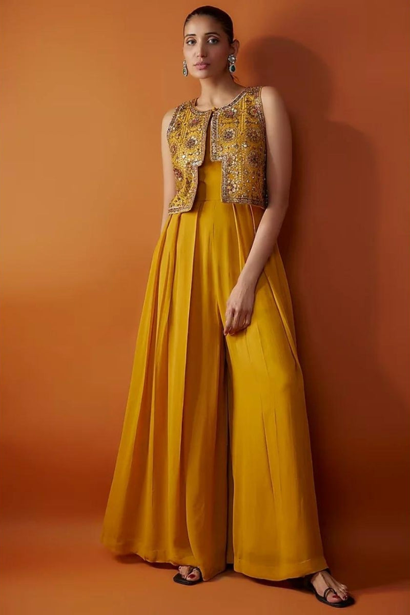 Mustard Pleated Jumpsuit With Short Jacket - Main Image