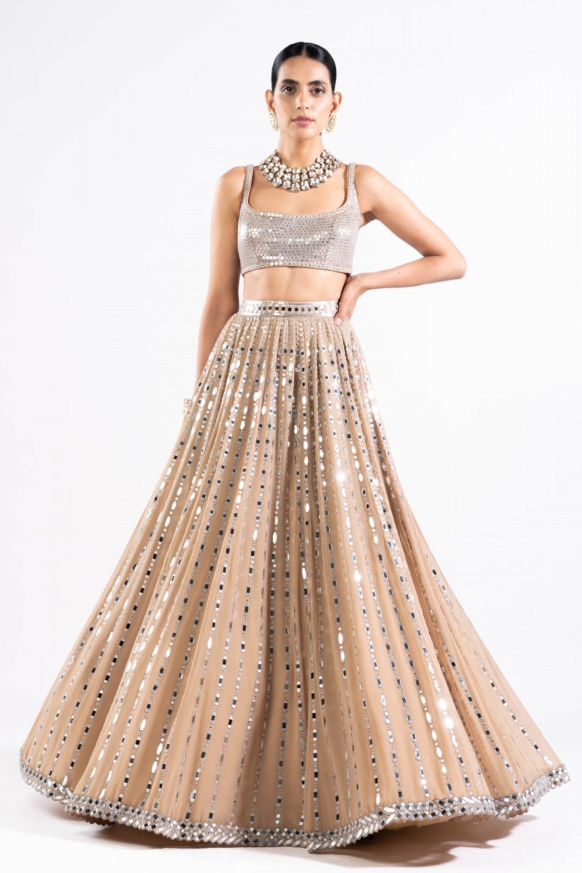 Beige Linear Drop Lehenga With Metallic Blouse