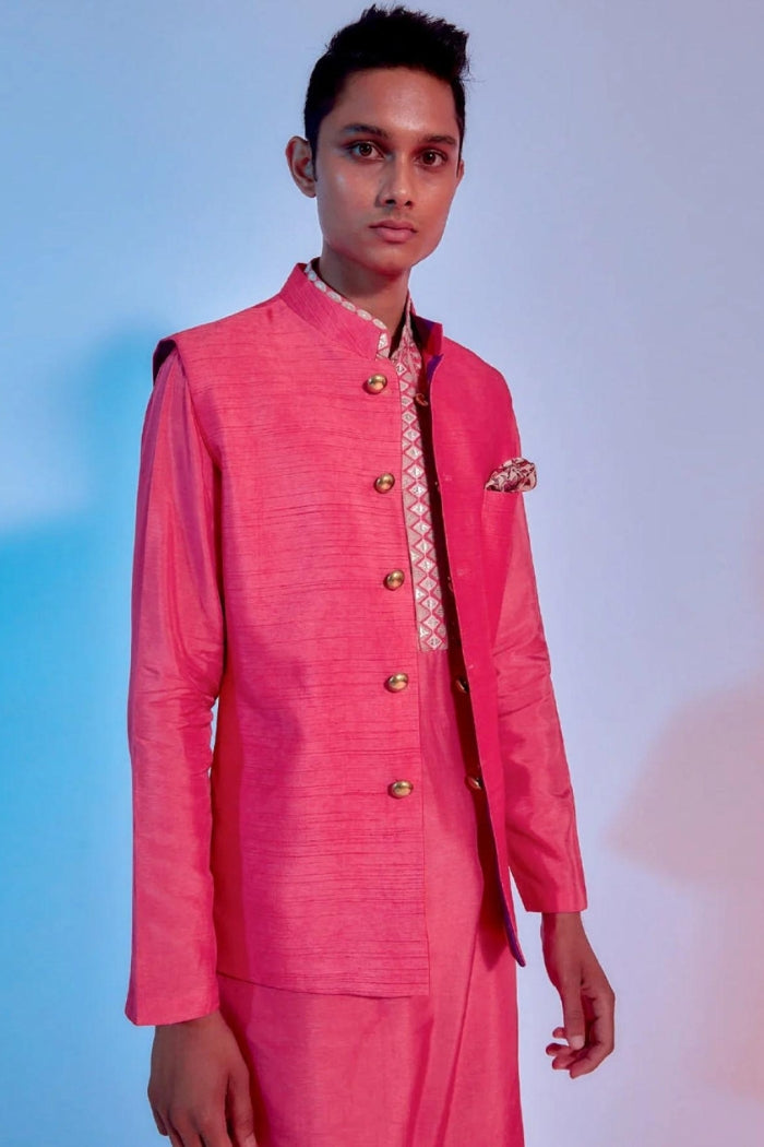 DARK CORAL AND SAANJH STRIPES REVERSIBLE BUNDI