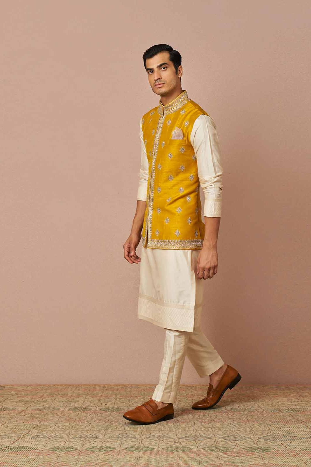 YELLOW MILAD RAWSILK EMBROIDERED BANDI KURTA SET